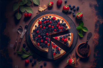 Fototapeta na wymiar Top view, round cake with berries cut into triangular pieces. The cake is surrounded by berries and mint leaves all around.