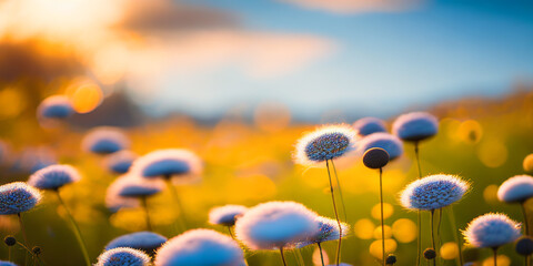 Little wildflowers in the field with golden light background for wallpaper or banner. Generative ai