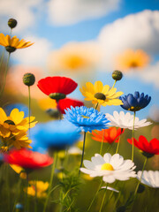 Obraz premium Colorful flower field with blue sky and cloud. AI generated.
