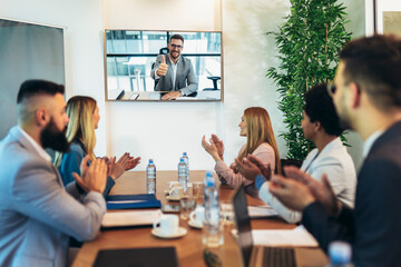 Online video conference webinar meeting in the modern office