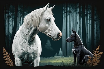 Comprised of a canine and equine. A dog's and a horse's friendship in the wild. Generative AI