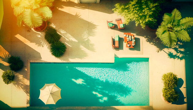 Luxury hotel pool outdoor top view photo, light tone color, morning light. Generative AI
