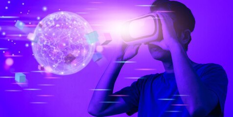 man wearing VR glasses virtual Global Internet connection, Blockchain and Internet of things Concept, Big Data, Metaverse technology Innovation of futuristic.future technology.