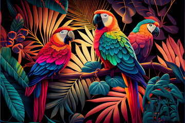 Pattern of tropical leaves in bright and rich colors. Parrots among the leaves.