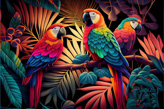 Pattern of tropical leaves in bright and rich colors. Parrots among the leaves.