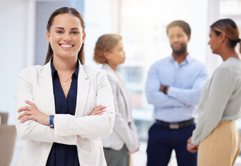 Leadership, smile and portrait of business woman in office with crossed arms, startup success and meeting. Teamwork, collaboration and happy entrepreneur with mission, company pride and support