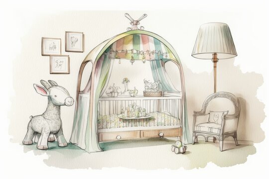 Children's bedroom painted in watercolor. Crib with a canopy, playthings, a stuffed hare, a rocking horse, and a changing table. Bohemian themed infant nursery or playroom. Generative AI