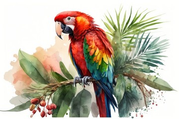 Exotic parrot, tropical fronds, and a palm tree are depicted in this watercolor flowery watercolour. Red macaw. Generative AI