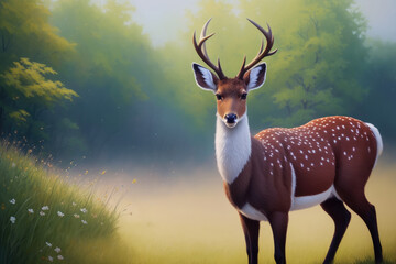 The deer standing in the forest. Colorful magic deer, cartoon style painting. Generative ai art illustration