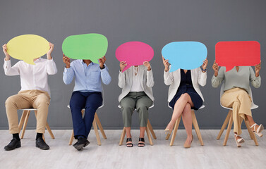 Speech bubble, business people and hide face for social media, voice and diversity in office. Corporate group, businessman and women with opinion, mock up and team building with vote poster