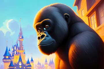 Obraz na płótnie Canvas Modern drawing of Gorilla on colorful background. Colorful magic gorilla monkey, cartoon style painting. Generative ai art illustration
