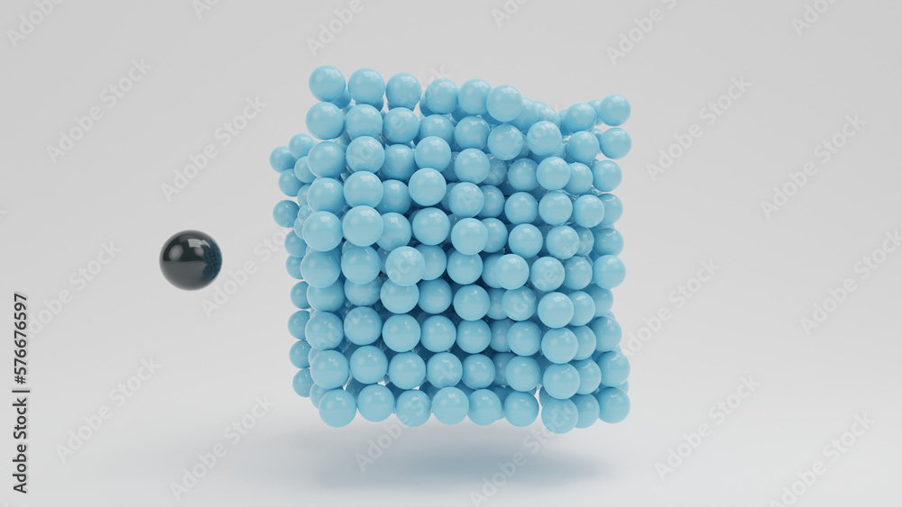 Poster 3d rendering of an array of many blue cubes that is punched out by a black ball. evil destroyed the 