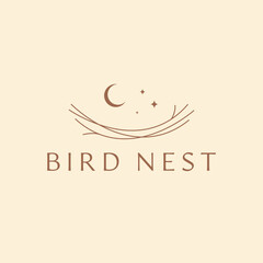 Nest and sky abstract logo template. Bird nest logo design. Nest, moon and stars logotype.