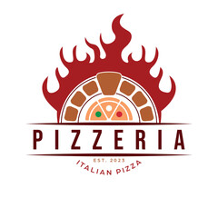 Oven and pizza logo template vector. Luxury pizzeria logotype. Italian pizza flat logo design. - obrazy, fototapety, plakaty