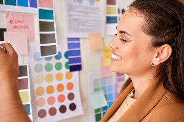 Designer, color palette and woman planning creative project, startup brand development and...