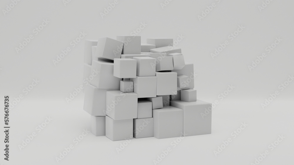 Poster 3d rendering of an array of many white cubes of different shapes on a white surface. abstract compos