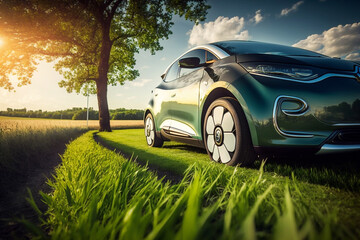 Electric car travels along a road in the middle of the meadows without polluting the environment - AI generative