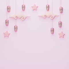 Islamic decoration background arabic window border ramadan kareem banner template with 3d illustration lantern, cloud, crescent and stars copy space