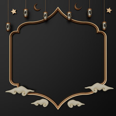 Islamic decoration background window border ramadan kareem banner template with 3d illustration mosque, lantern, cloud, crescent and stars copy space