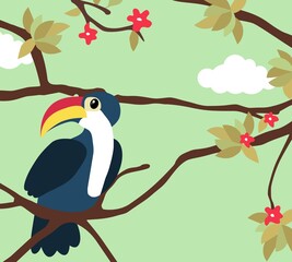 Cute cartoon toucan sitting on a branch