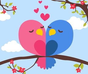 Two birds in love sitting on a branch. Stylish card for Valentine day