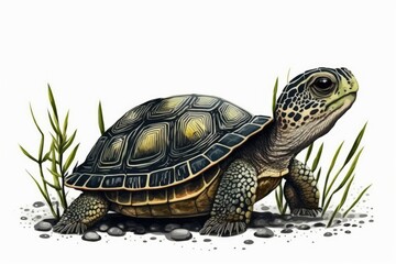 Fototapeta premium A tiny turtle on a white background. Generative AI