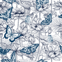 Seamless vector pattern garden with lotus flowers and butterflies in engraving style	