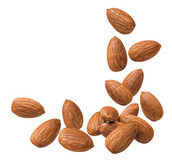 Flying and falling almonds isolated on white background. Angle shape