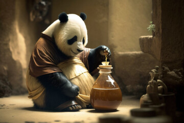 panda kung fu enjoying a shiny jug of honey. Generated Ai