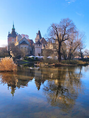 Obraz premium Museum of Agriculture in Budapest reflected in the lake in the park in bright winter day