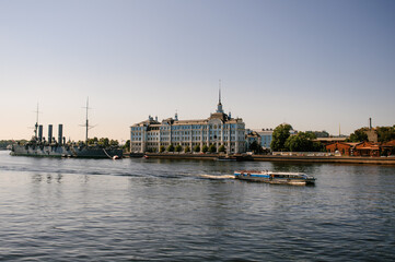 The legendary Russian warship cruiser Aurora is approaching the Neva River. Saint Petersburg, Russia. March, 2023.