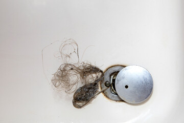 Shower drain is clogged with hair, Hair pile loss in a bathroom after wash hair in shower, cleaning...