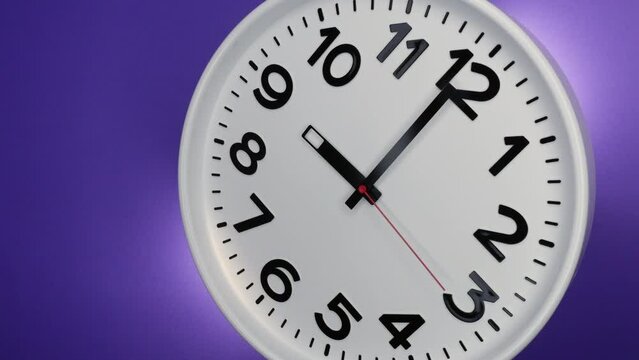 A White Wall Clock On Purple Background With A Time Of 9.00 Am Or Pm. A Black Hands and Red Second Hand Of The Clock. Timelapse. 4k. ProRes.
