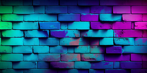 Toned brick wall. Blue purple magenta teal green rough surface. Color gradient background close up