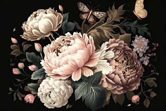 Beautiful baroque flower arrangement. Garden flowers, leaves, and a butterfly on a dark background. Roses, tulips, and peonies in pastel pink and white. A really high end look and feel. Illustration f