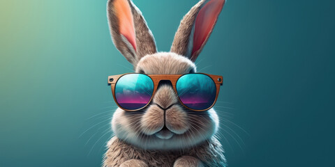 Plakat Easter bunny with sunglasses. Funny rabbit close up. Generative AI