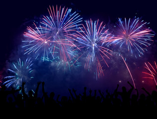 Fototapeta na wymiar Happy New Year. Crowd watching fireworks and celebrating. Beautiful blue and pink fireworks display lights up the sky with dazzling display during New Year celebration. Greeting card, flyer template