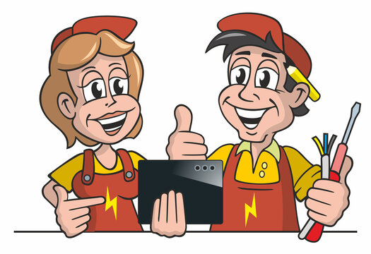 Cartoon, Elektriker und Elektrikerin mit Werkzeug und Tablet Computer