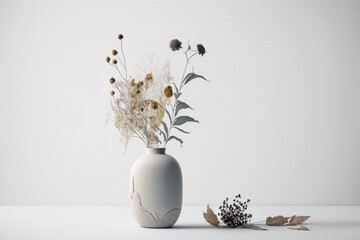 Simple Ceramic Vase with Dry Flowers on White Table generative ai
