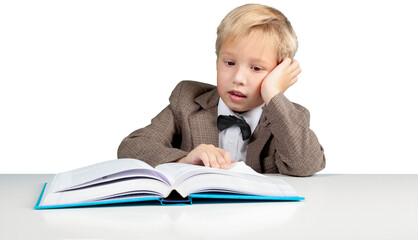 Cute baby boy with book isolated on white background