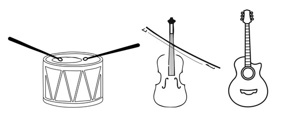 Musical instrument  violin guitar drum.