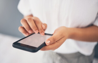 Closeup, hands and cellphone for social media, screen and connection to search website. Zoom, female employee and worker with smartphone, communication and typing with online reading and networking