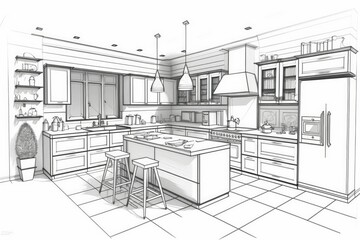 Drawing of the interior of a kitchen. Modern kitchen layout plans with furniture layouts. Generative AI - obrazy, fototapety, plakaty