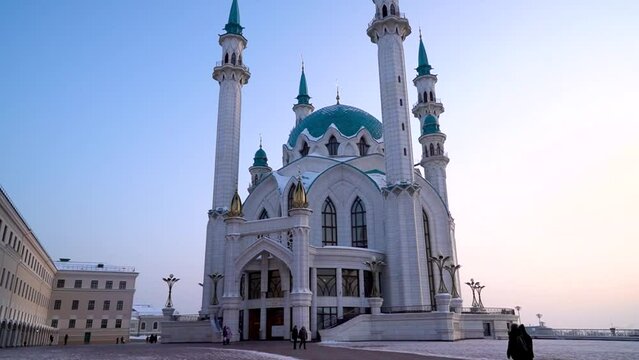 Muslim Kul Sharif mosque in Kazan city in winter. Tilting up view