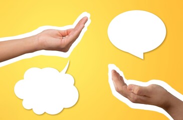 Two arms and communication bubble on color background