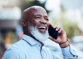 Business phone call, black man and laughing in city for conversation, mobile networking or hello. Happy mature manager, outdoor communication and talking on smartphone for contact, good news and joke