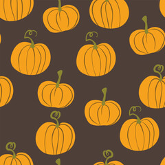 Seamless pattern with halloween pumpkins on color background. Scary and funny faces. Cute Pumpkin or ghost. Vector autumn holidays illustration