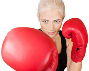 Woman wearing boxing gloves isolated on white