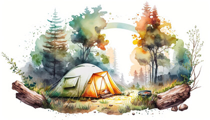 Hiking in the Wilds, camping in a tent - Watercolor - Generative AI Art - obrazy, fototapety, plakaty