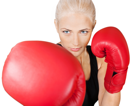Woman wearing boxing gloves isolated on white